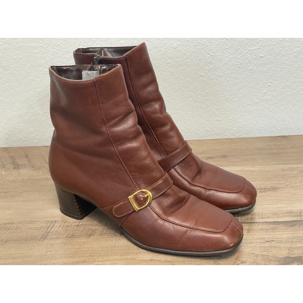 Selby Ankle Boots Vintage 6.5M Brown Leather Square Toe Buckle Block Heel Bootie